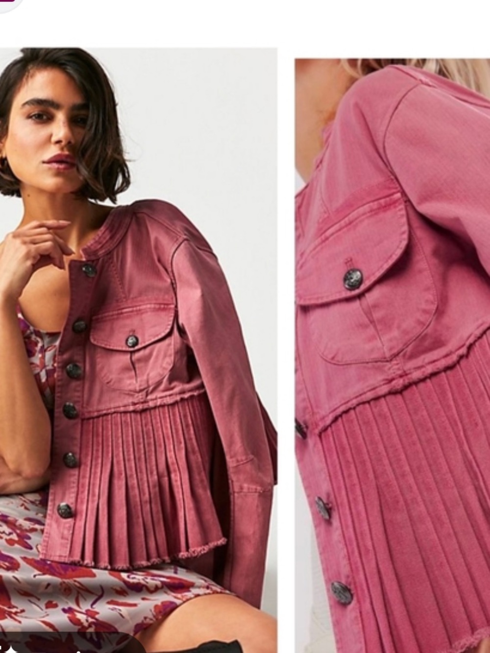 Free People Rose-Pink Cassidy Pleated Button-Front Jean Jacket - Picture 2 of 14